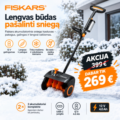 Fiskars eSnowShovel akumuliatorinis sniego kastuvas, 30 cm + 2 AKUMULIATORIAI KOMPLEKTE!